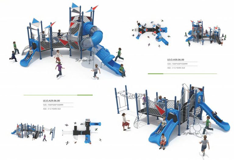 Bộ thiết bị vui chơi ngoài trời màu xanh với cầu trượt, ống trượt và lưới leo