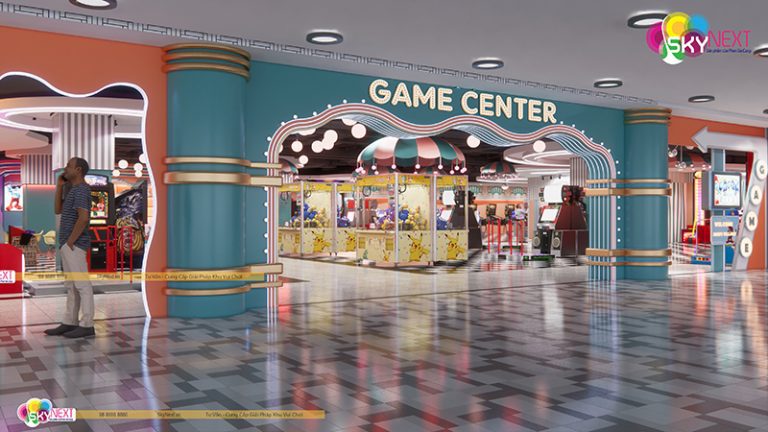 Lối vào Game Center trong trung tâm thương mại với cột xanh, biển chữ và máy gắp thú