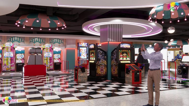 Sảnh game center màu pastel với máy arcade, trần vòng đèn và sàn caro