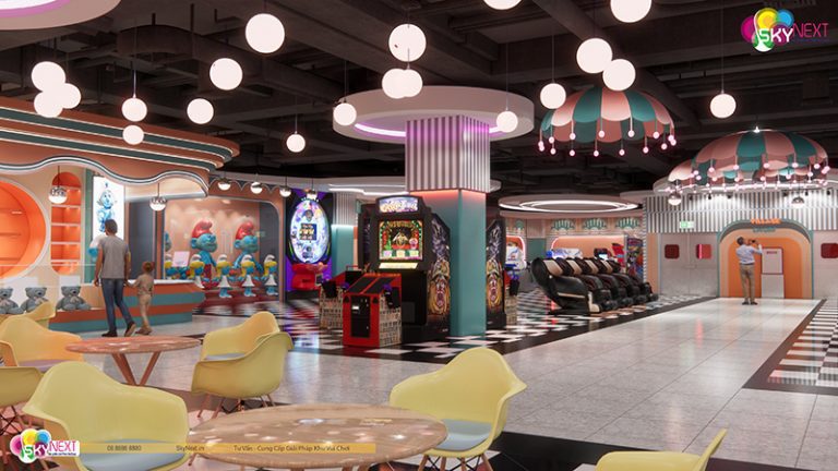 Không gian game center chủ đề Làng Xì Trum với máy arcade, ghế ngồi và đèn trang trí