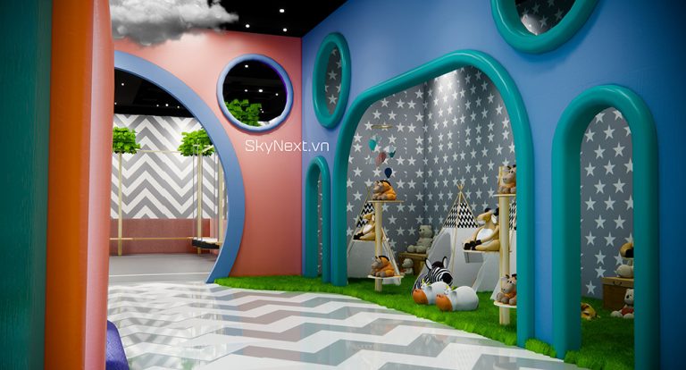 Khu vui chơi trẻ em trong nhà với cổng vòng màu sắc, lều teepee và thú nhồi bông