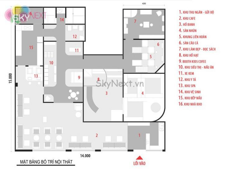 Bản vẽ mặt bằng nội thất khu vui chơi trẻ em có chú thích phân vùng