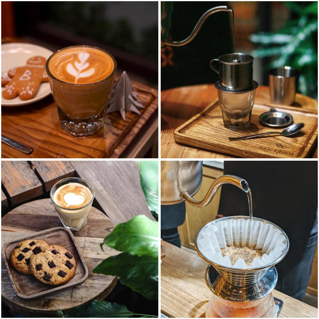 Blackbird Coffee Hà Nội 11 Bộ ảnh bốn khung thể hiện latte art, phin lọc, bánh quy và pha pour-over