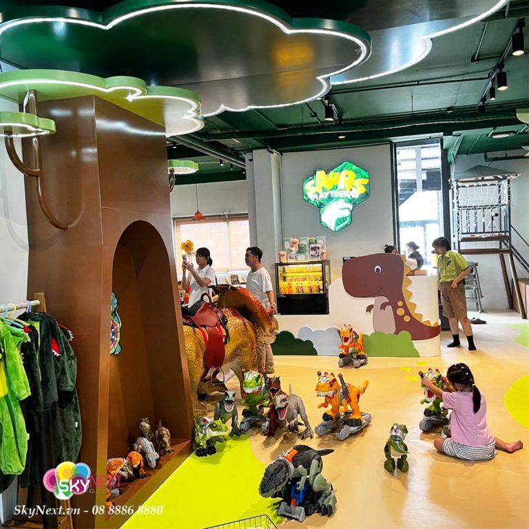 Khu vui chơi kids café chủ đề khủng long, trẻ em chơi mô hình và xe đồ chơi