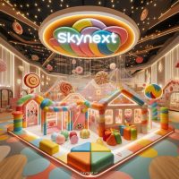 Logo SkyNext phát sáng giữa không gian vui chơi chủ đề kẹo