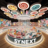 Không gian trò chơi SkyNext với mái trần xoắn kẹo pastel và logo nổi bật