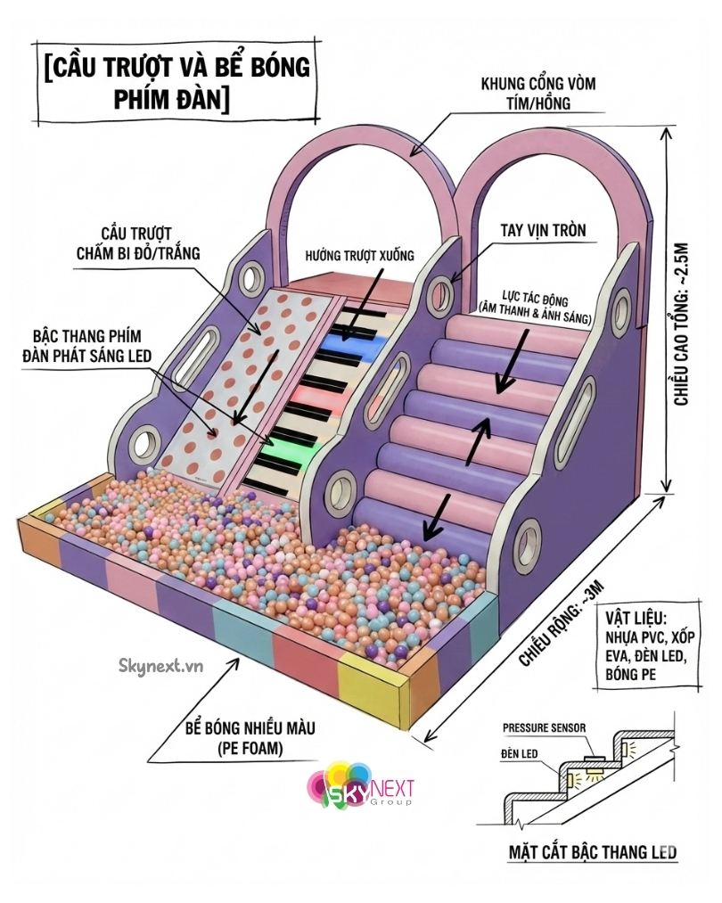 cầu trượt phím dàn bể bóng