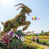 Linh vật dê kết từ hoa và tre nứa