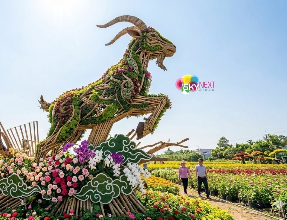 Linh vật dê kết từ hoa và tre nứa