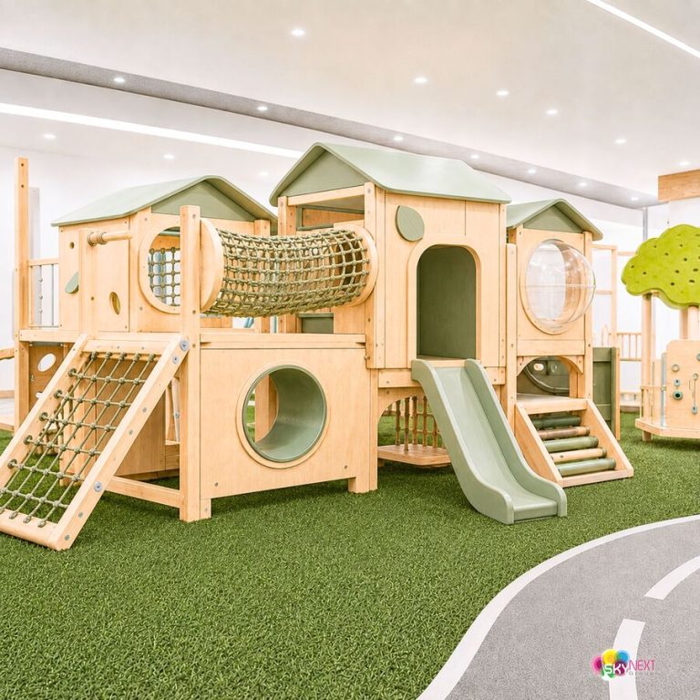 Khu vui chơi gỗ trong nhà với nhà mô phỏng, ống lưới và cầu trượt xanh