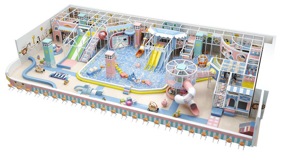 Mặt bằng khu vui chơi nhỏ 50-150 m² với thiết bị modular và chỗ ngồi phụ huynh