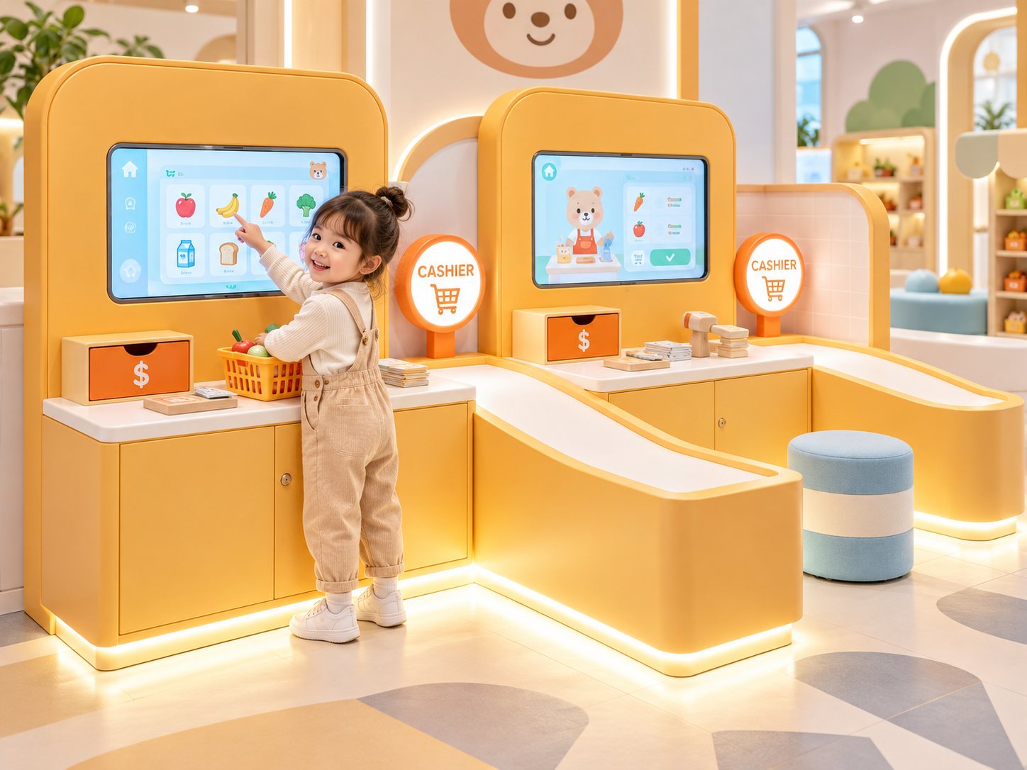 Bé gái chơi game siêu thị tương tác trên màn hình cảm ứng tại quầy thu ngân trong khu vui chơi